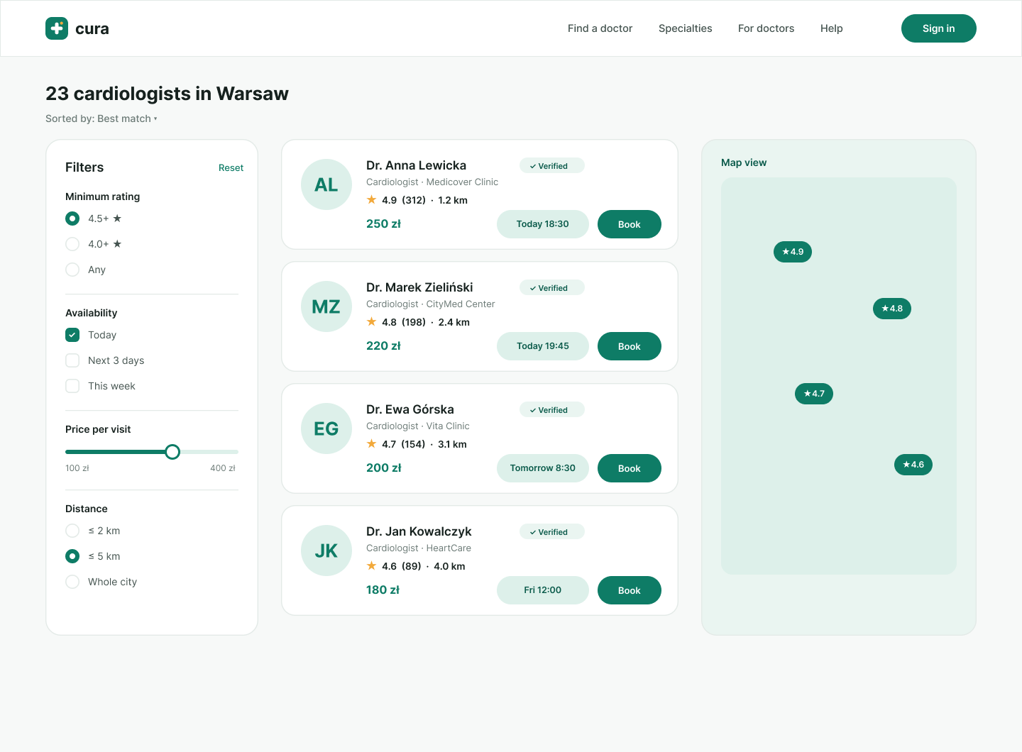 Cura desktop UI — search results for 23 cardiologists in Warsaw with filters, doctor cards and map view