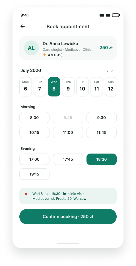 Cura mobile UI — book appointment screen with calendar and morning/evening time slots