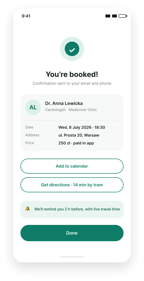 Cura mobile UI — booking confirmation with visit details, calendar and directions actions