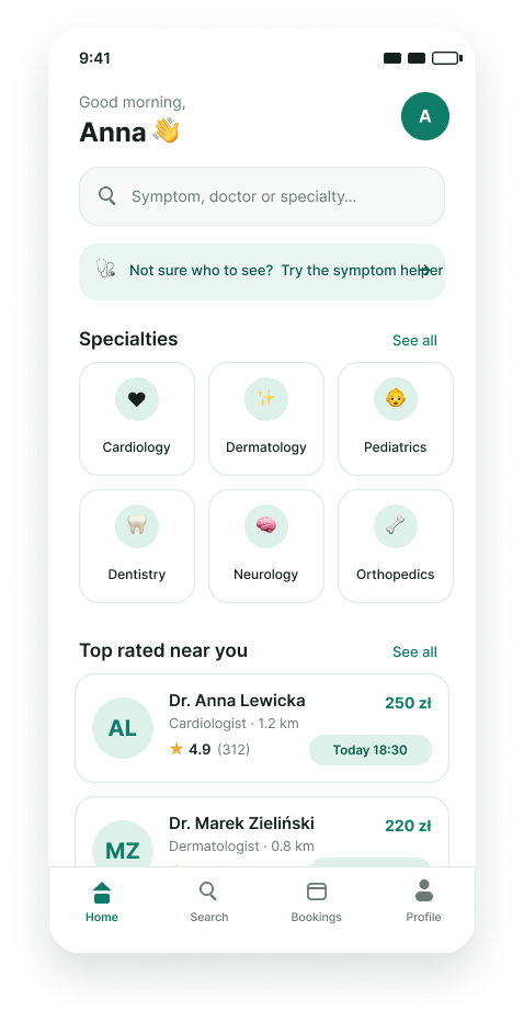Cura mobile UI — home screen with symptom search, specialties grid and top rated doctors