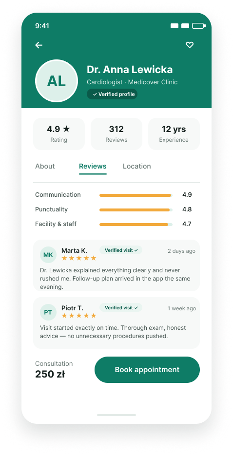 Cura mobile UI — doctor profile with rating stats, review breakdown and booking CTA