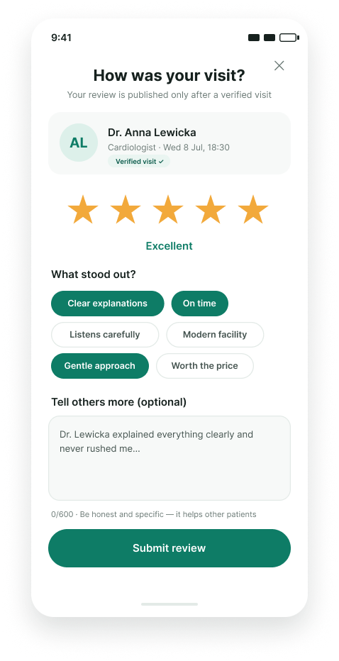 Cura mobile UI — rate your visit screen with stars, highlight chips and review field
