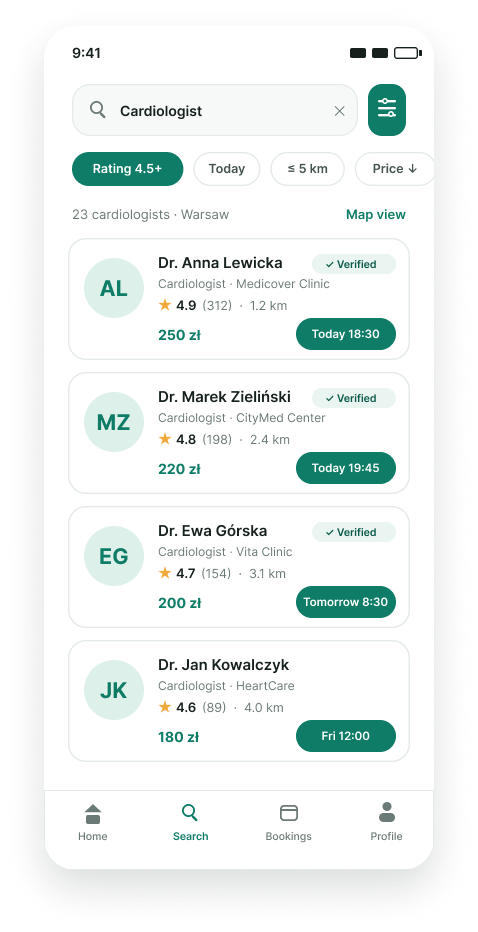 Cura mobile UI — search results for cardiologists with filter chips and verified doctor cards