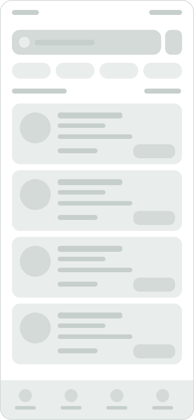 Lo-fi wireframe — search results list with filter chips and doctor cards