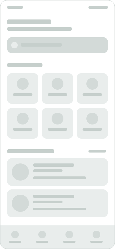 Lo-fi wireframe — home screen with search bar, specialist categories and doctor cards