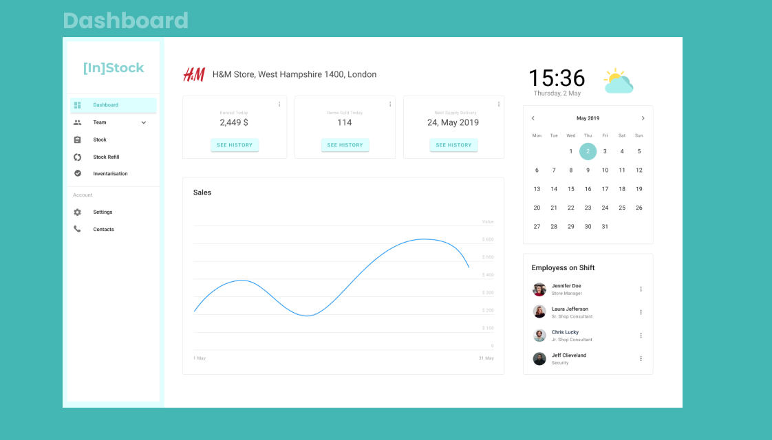 InStock supplies manager — teal dashboard with sales, calendar and shift roster