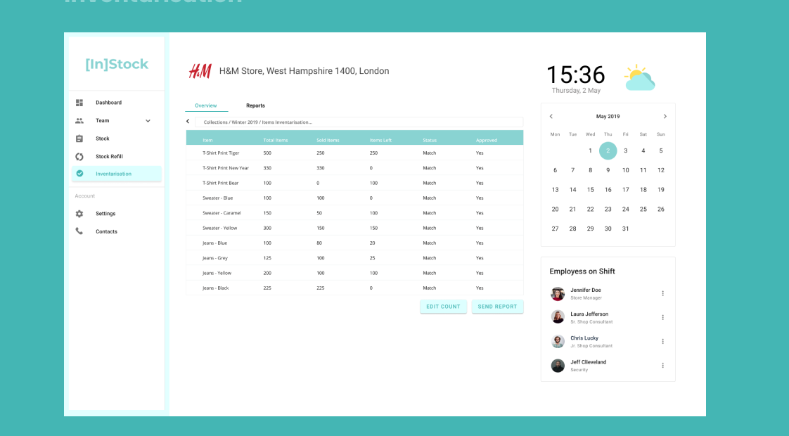 Inventarisation screen — counted items compared against system state with match status
