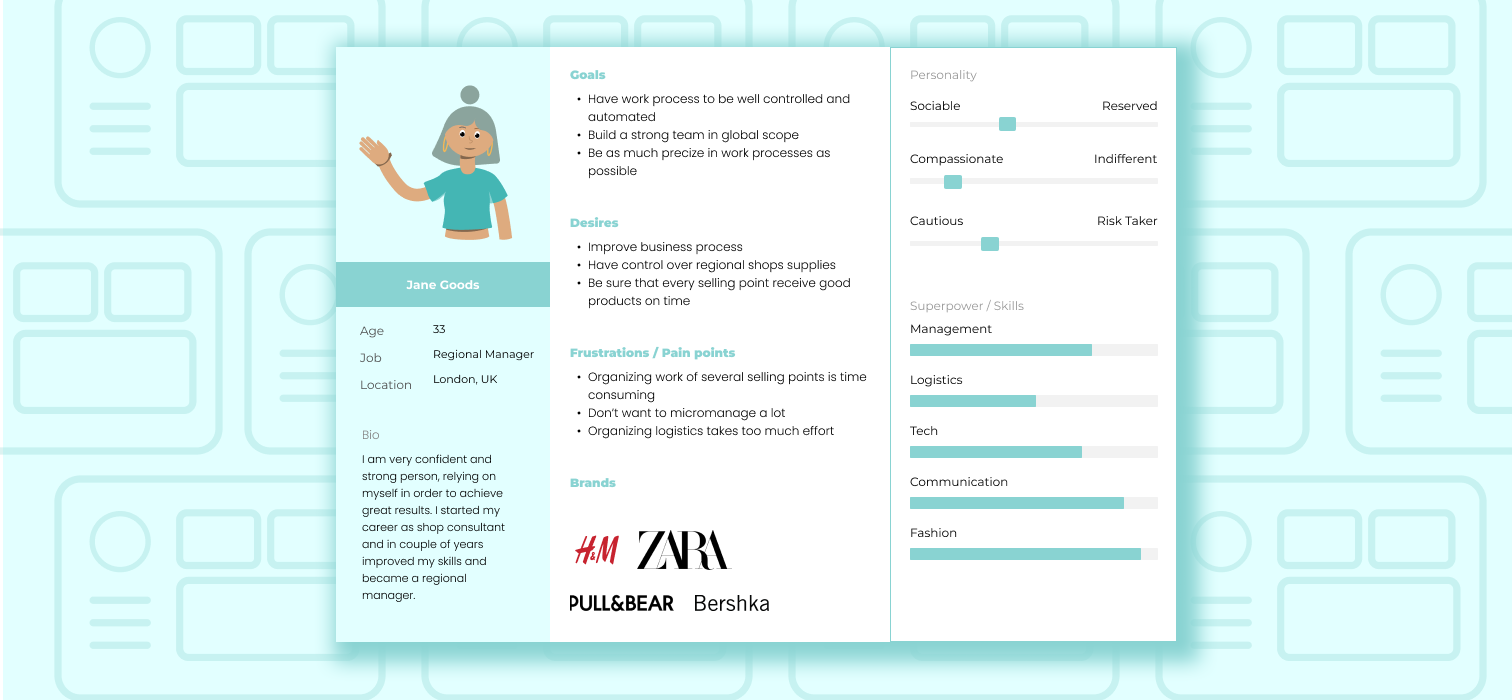 User persona card for Jane Goods — regional manager, her goals, frustrations and skills