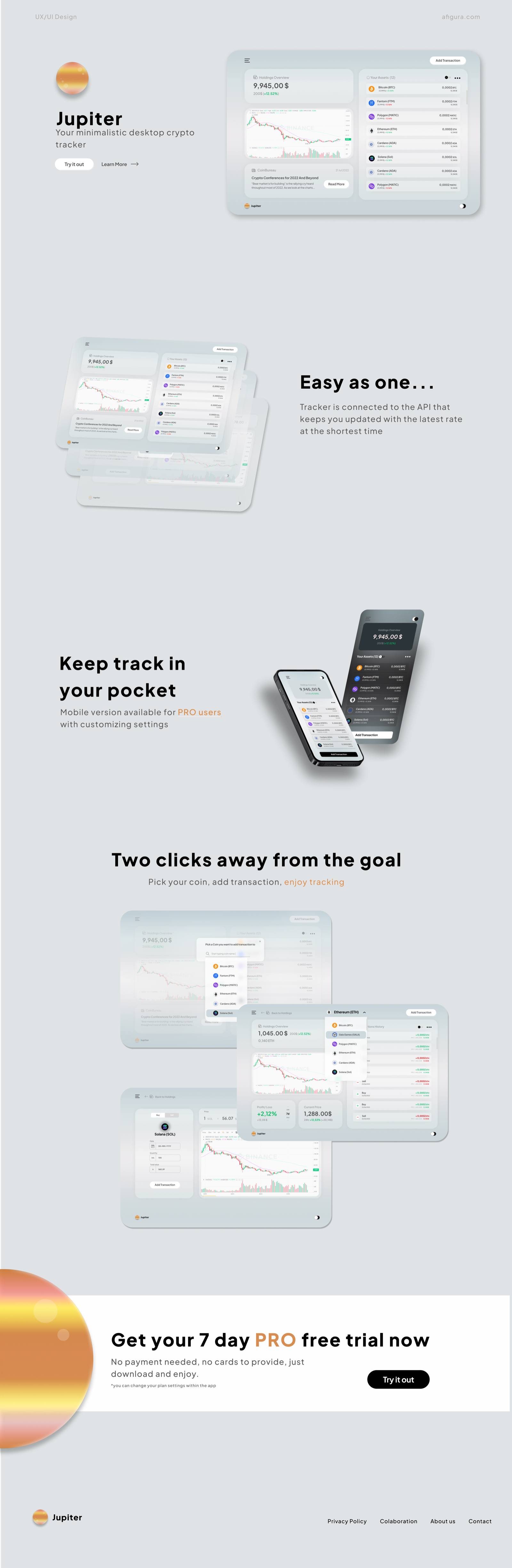 Landing page closing section — 7-day PRO free trial CTA with the orange Jupiter planet and footer