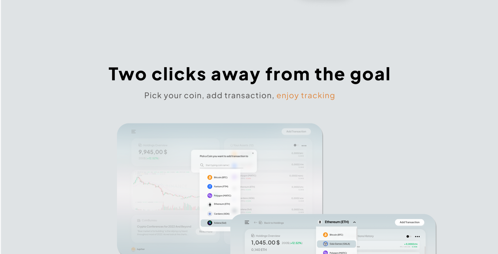 Add transaction flow — coin picker dropdown over the dashboard