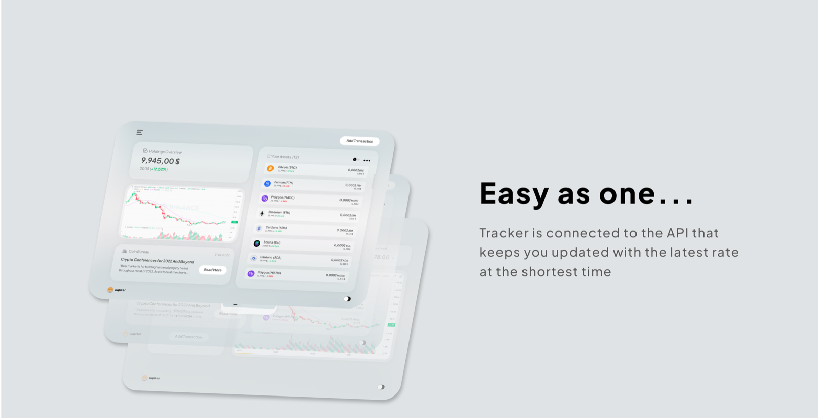 Jupiter dashboard on stacked tablet screens — holdings overview with live chart and asset list