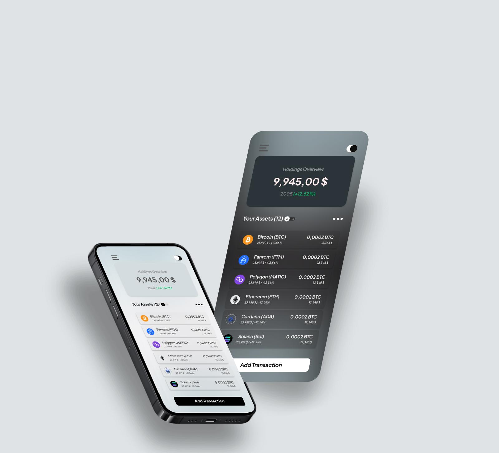 Jupiter crypto tracker — holdings overview on two phones, light and dark mode