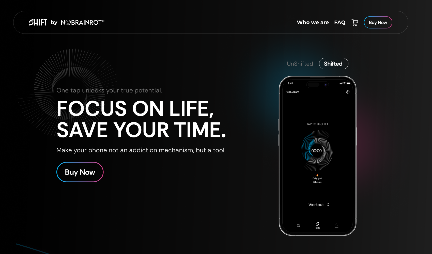Shift landing hero — Focus on life, save your time. Make your phone not an addiction mechanism, but a tool