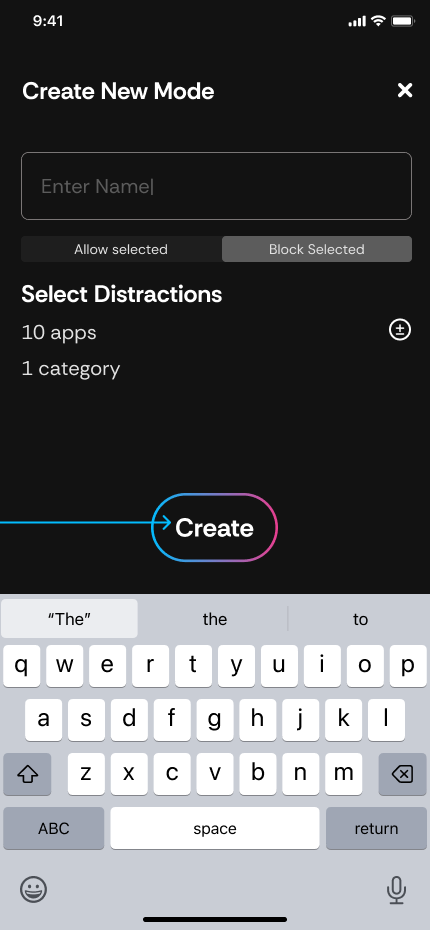 Create New Mode — name field, allow or block selected toggle, distraction picker and gradient Create button