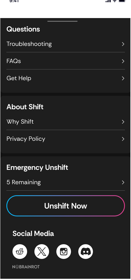 Settings sheet — questions and about sections, Emergency Unshift with 5 remaining and a gradient Unshift Now button