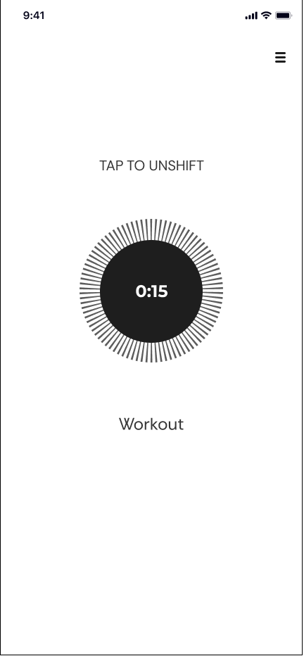Shifted state — inverted white screen with a monochrome timer and tap to unshift