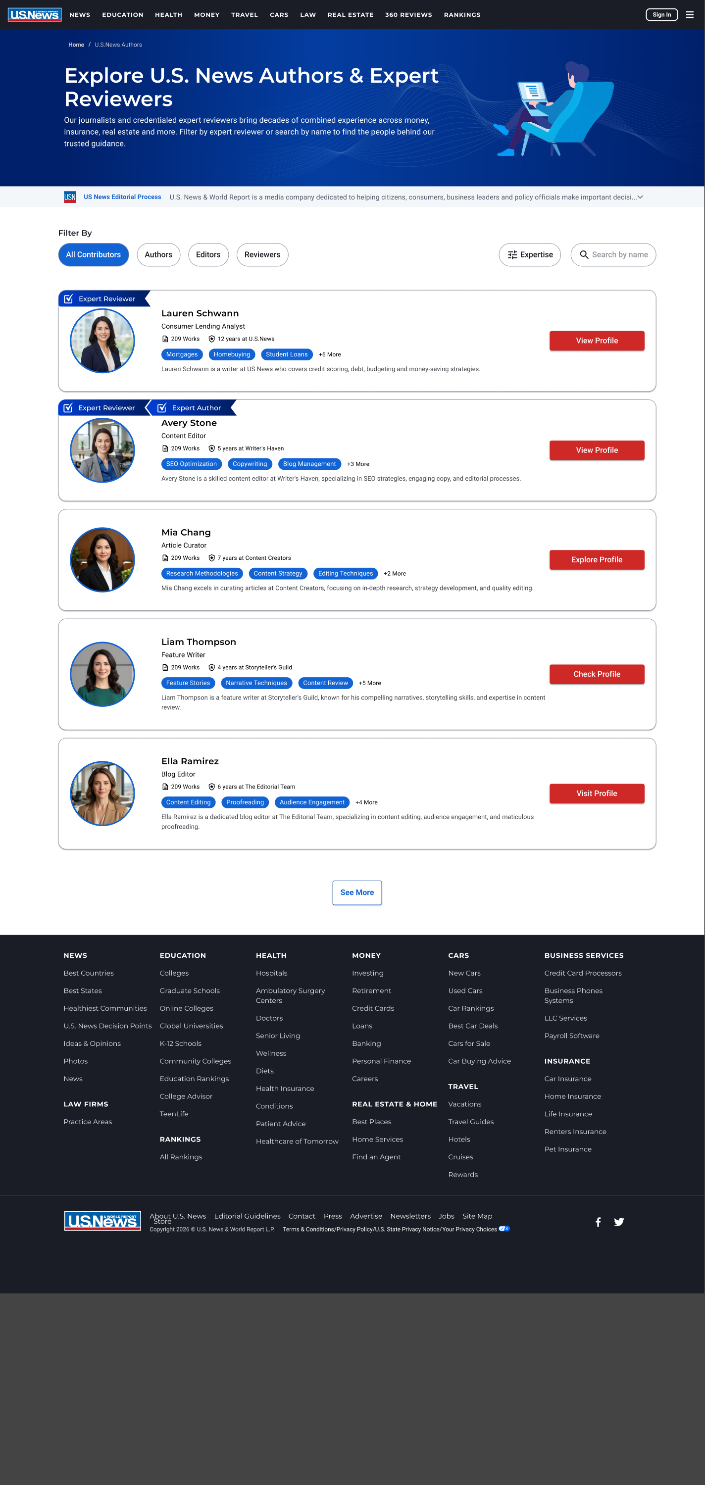 The new authors directory — contributor tabs, expertise filter, search by name, and author cards with credential badges