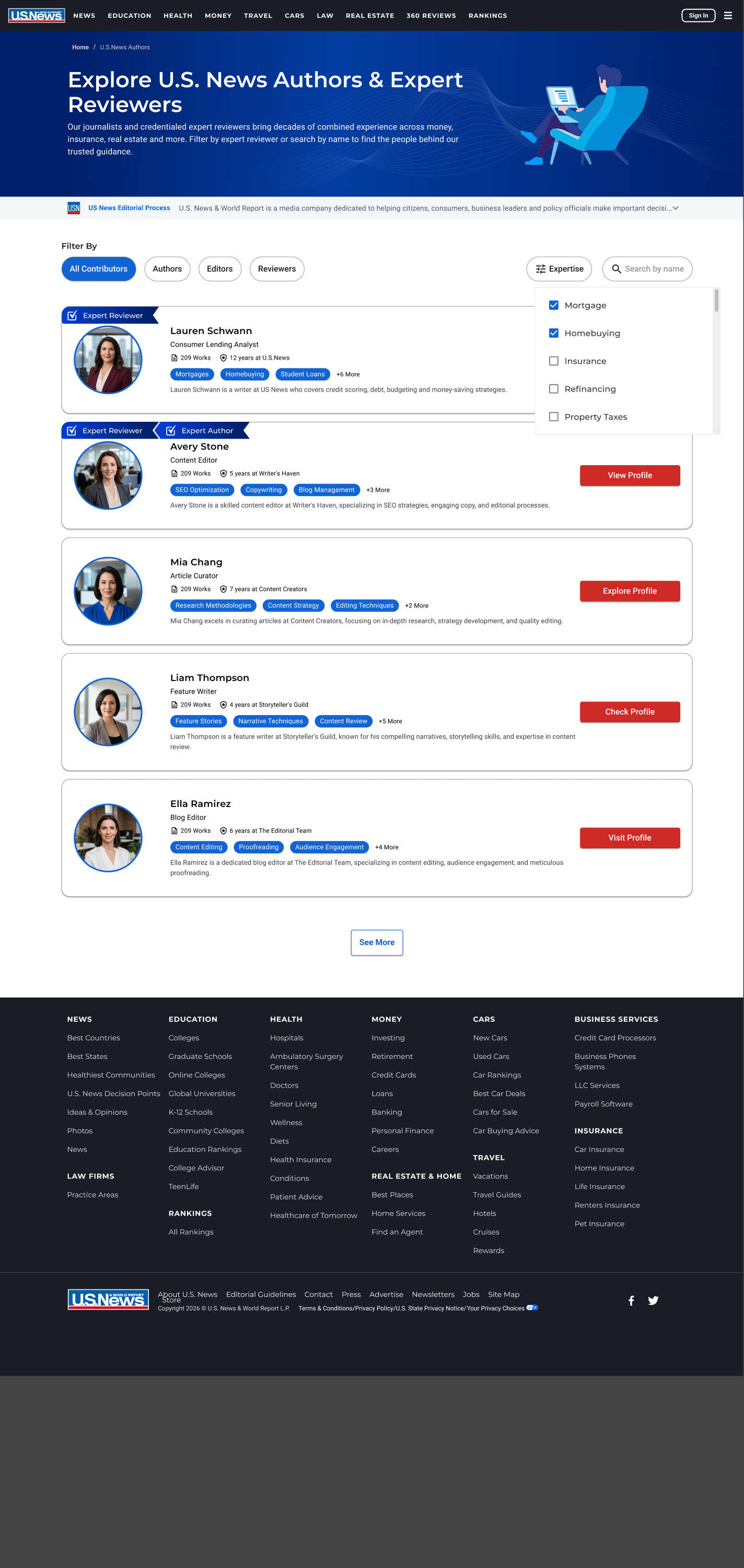Expertise filter open on the directory — Mortgage, Homebuying, Insurance, Refinancing, Property Taxes