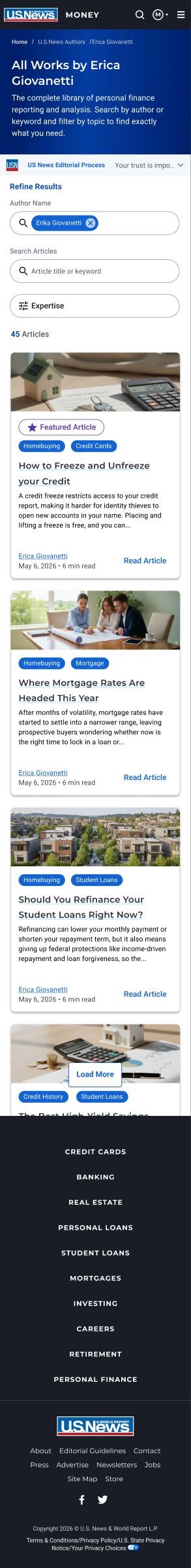 Mobile version of the authors directory — filters, search and author cards adapted to a 390px viewport