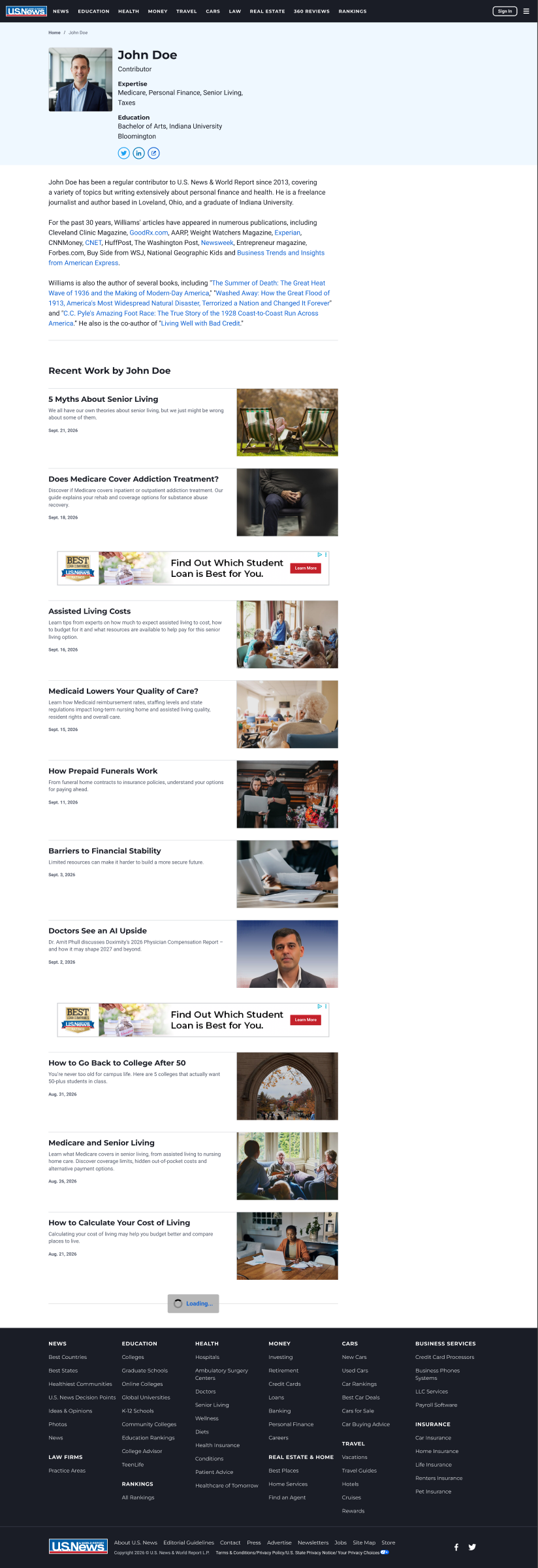 The previous author page — a short plain bio followed by a long unfiltered list of articles