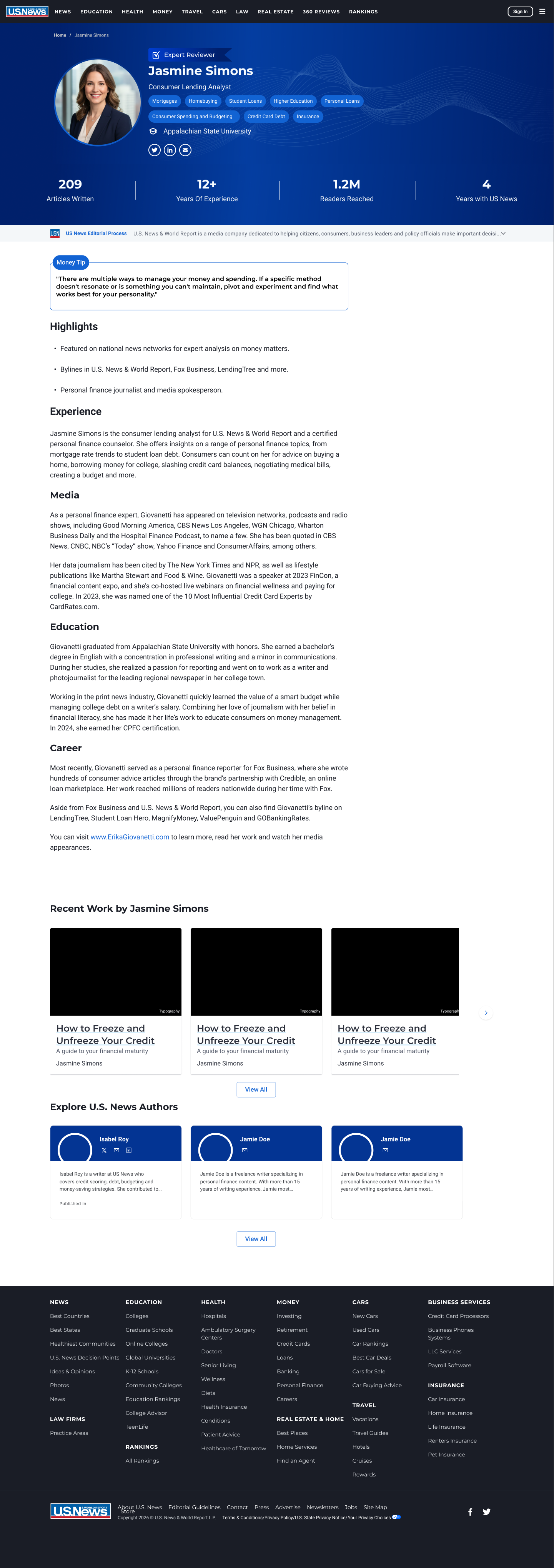 Redesigned author profile — branded hero with photo and expertise tags, credibility stat band, structured bio sections, recent work cards and author cross-links