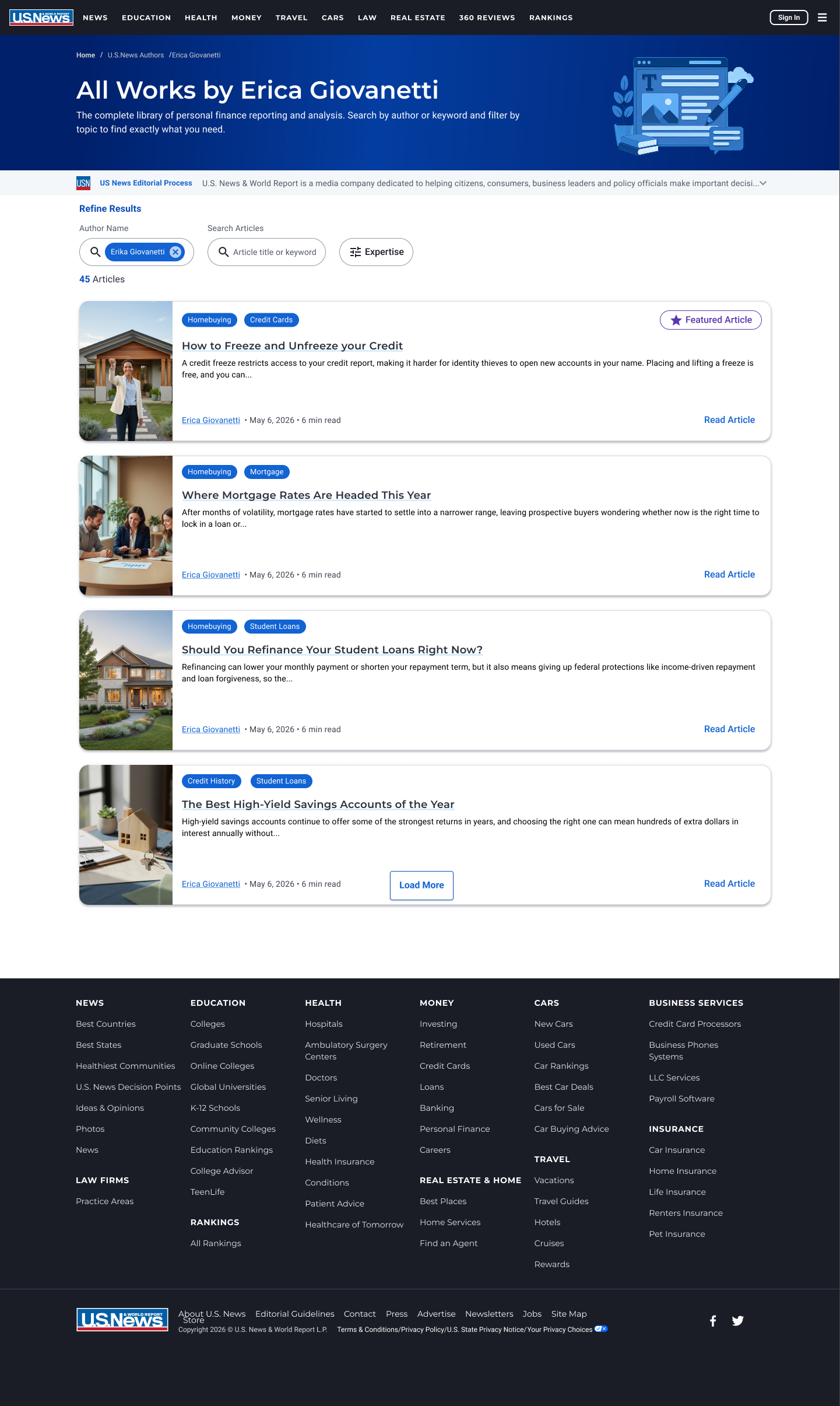 All Works by an author — search by author and keyword, expertise filter, and a starred featured article at the top of the list